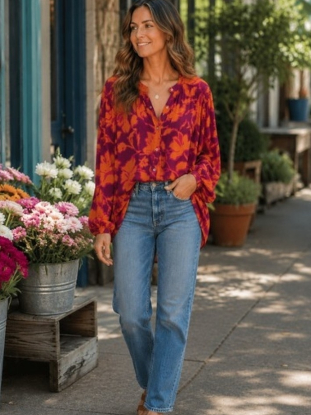 Easel Orange /Plum Boho Floral Rayon Gauze Oversized Button-Front Tunic Blouse